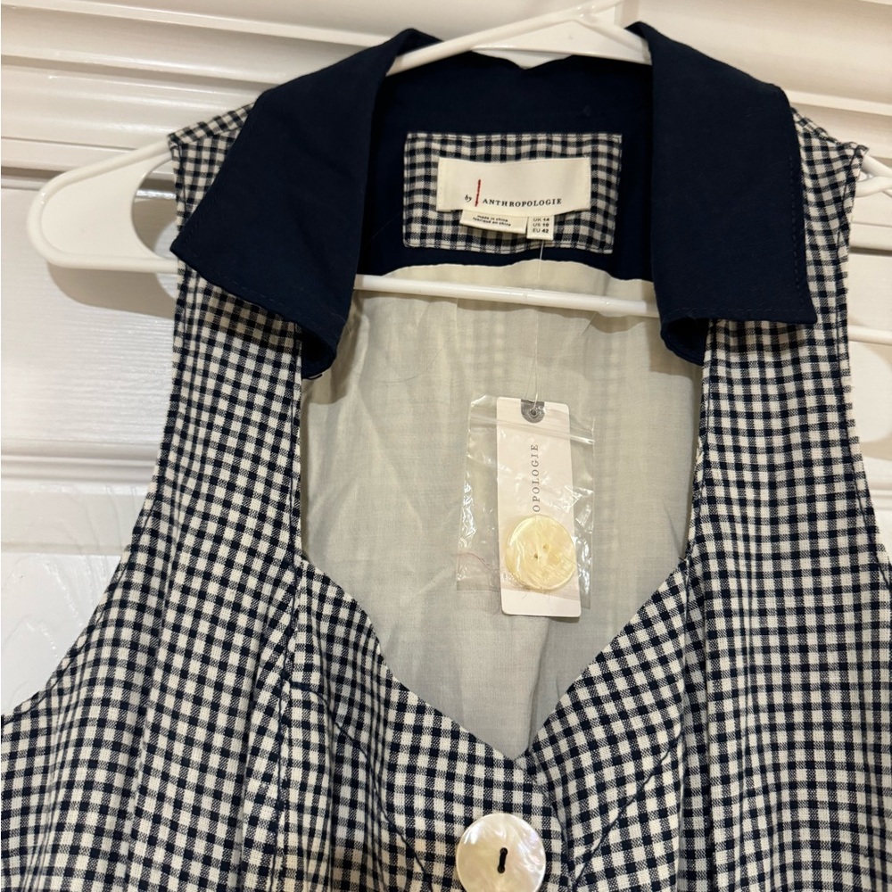 HTF Anthropologie Navy Blue Linen Cotton Gingham Camellia Collared Dress Size 10 - Picture 7 of 13